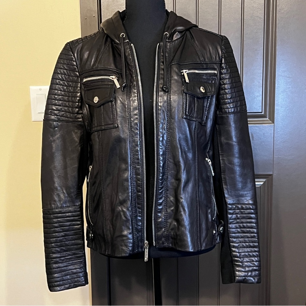 MICHAEL KORS Genuine Leather Hooded Moto Jacket, Size Large - Picture 2 of 12